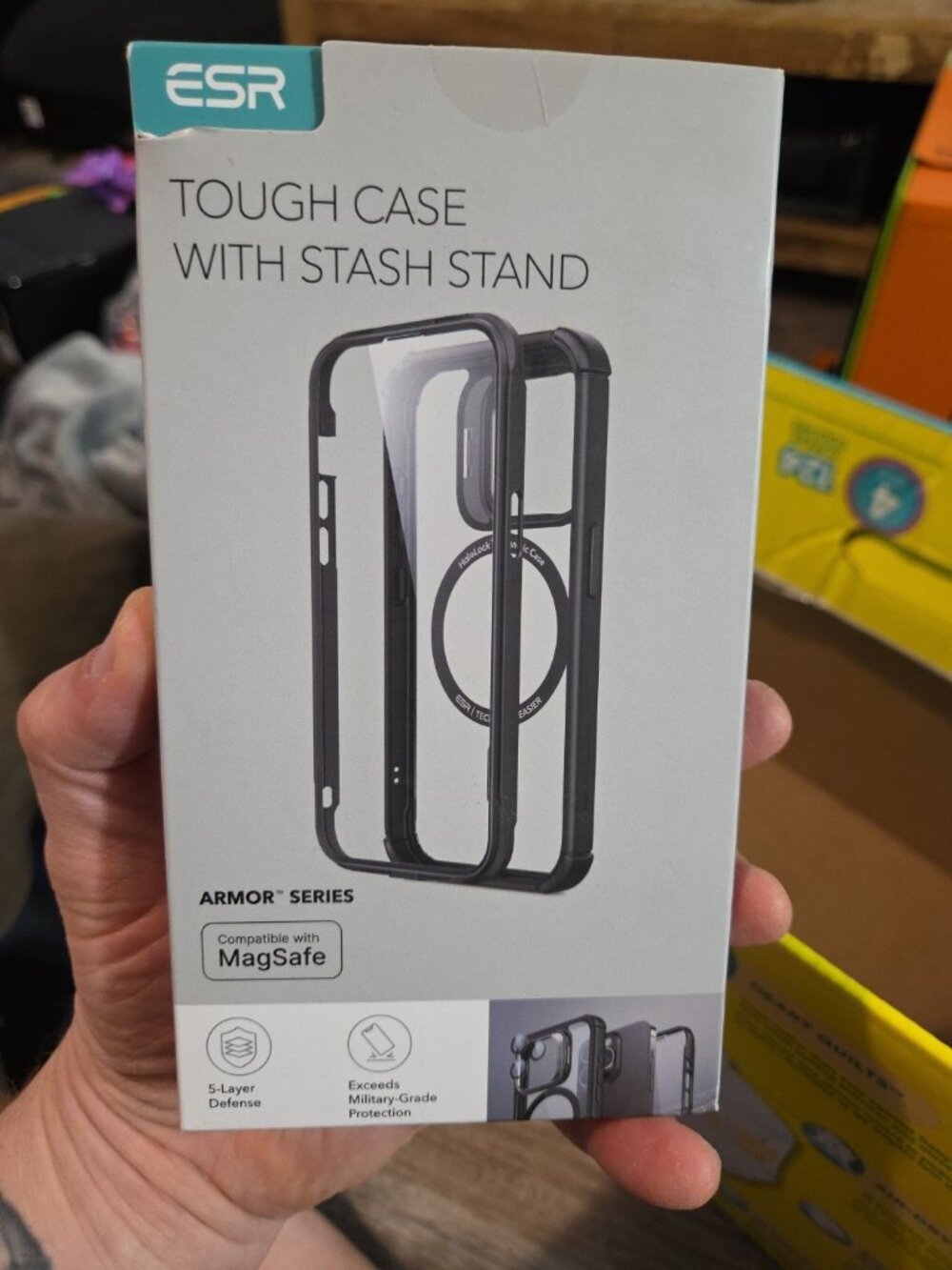 ESR iPhone 15 Armor Series Tough Phone Case/Stash Stand Black 5 Layer Defense
